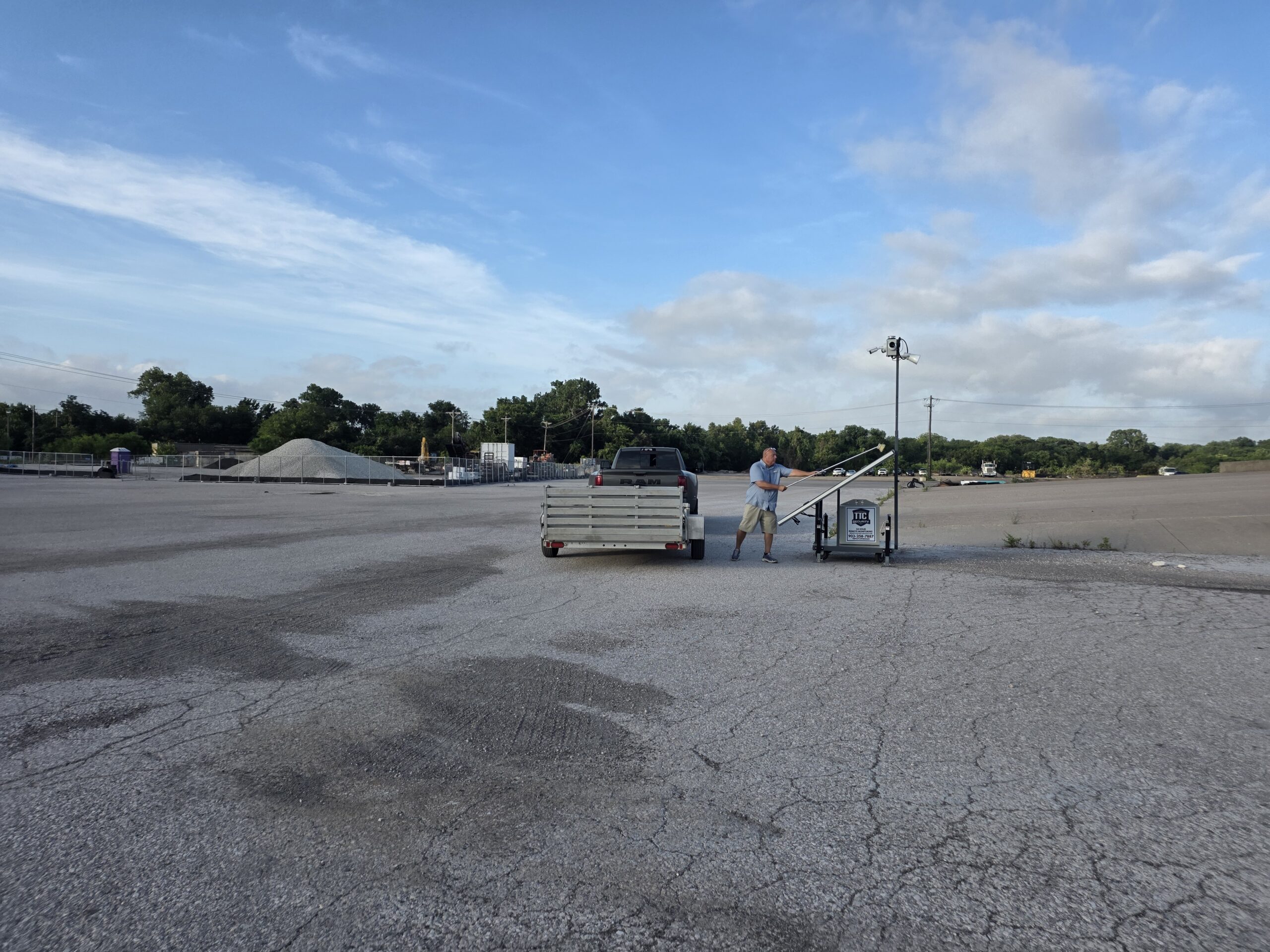Mobile surveillance trailer providing live remote video monitoring at a commercial construction site in East Texas