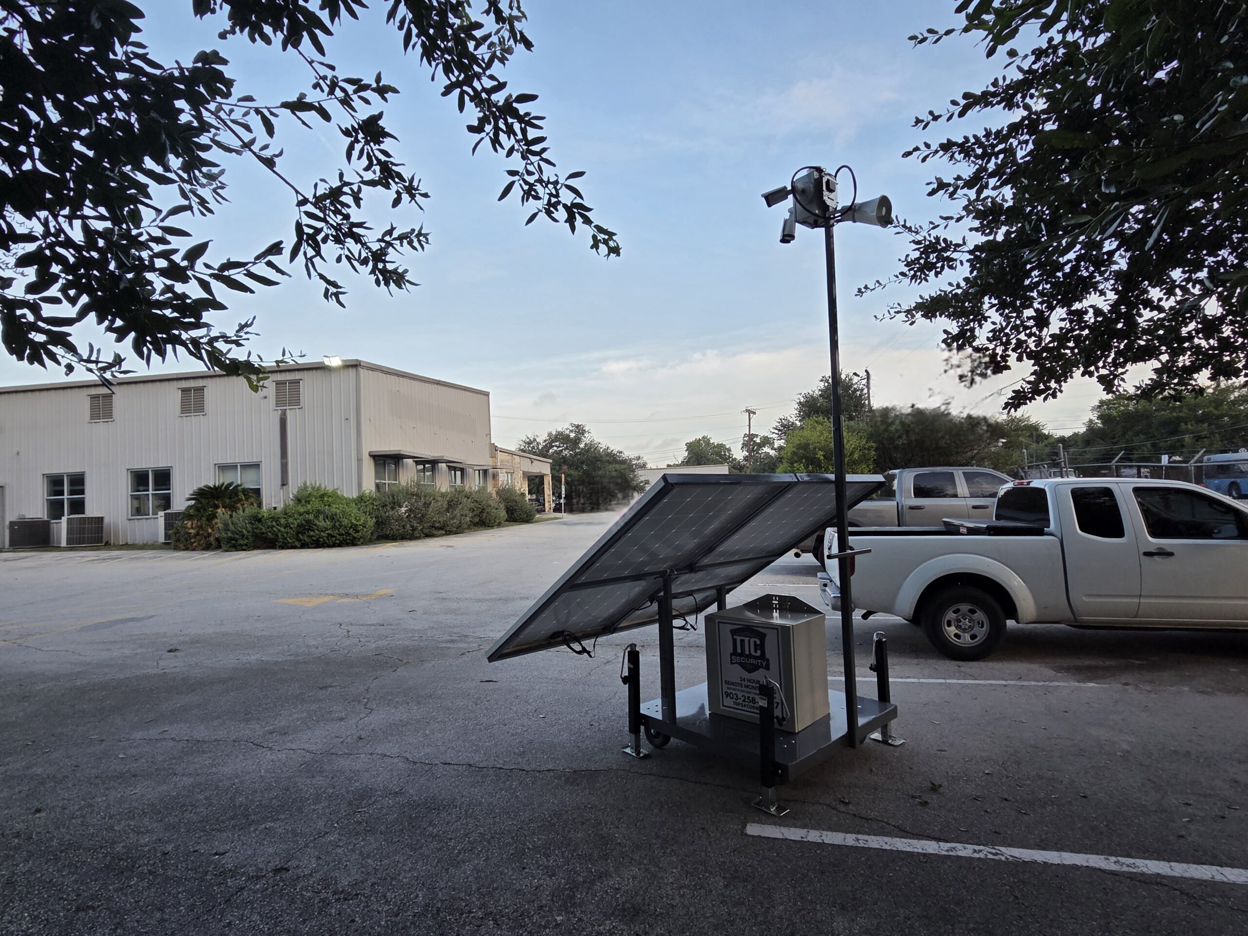 Mobile security camera system installation providing 24/7 remote surveillance for a commercial property in Austin, Texas.