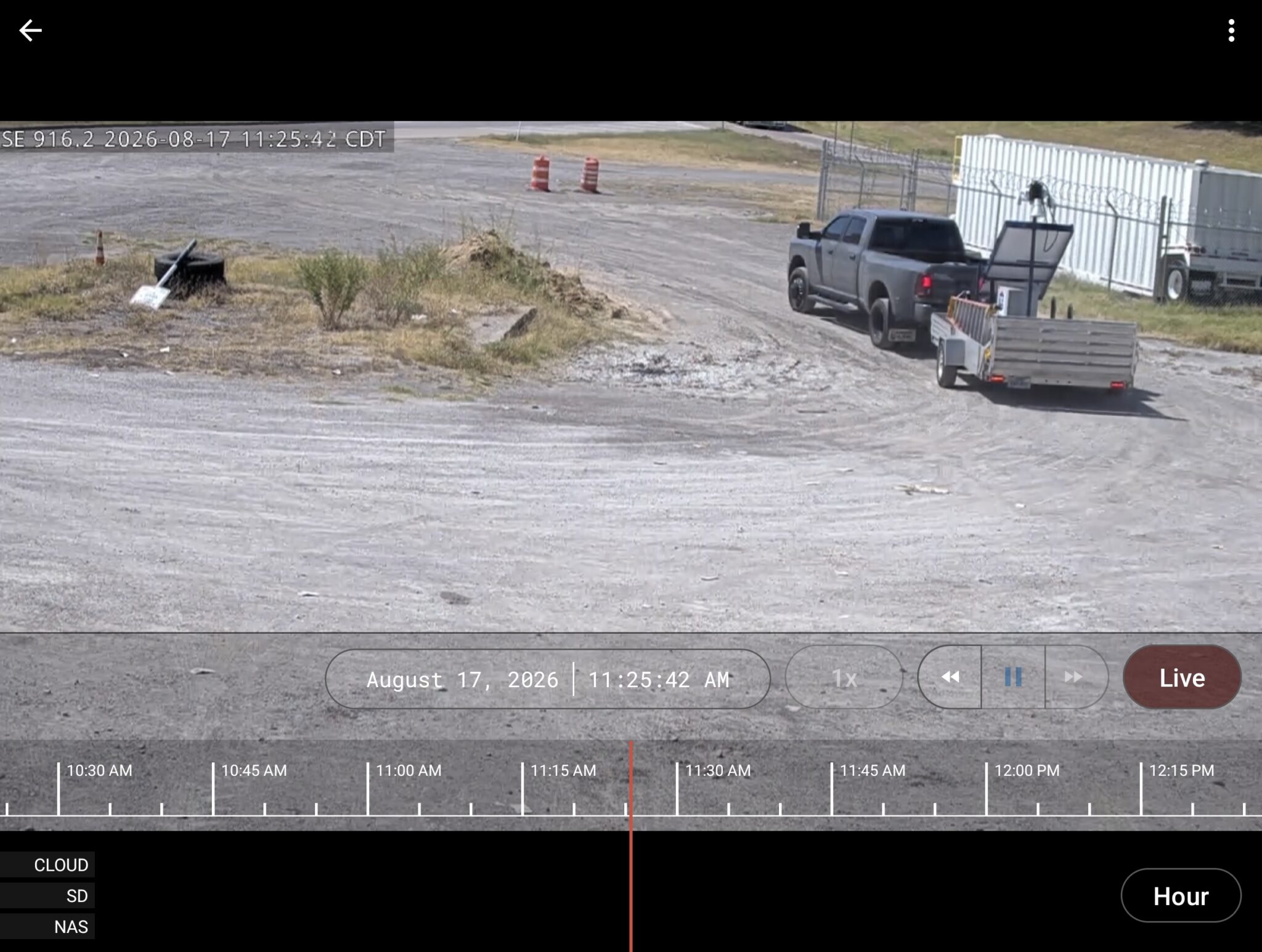 Live remote security camera view of construction site job yard in Dallas, TX