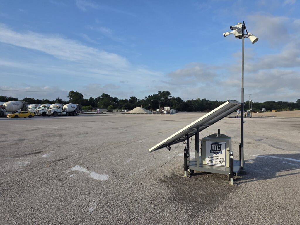 Mobile solar security camera trailer at equipment yard in Dallas, TX
