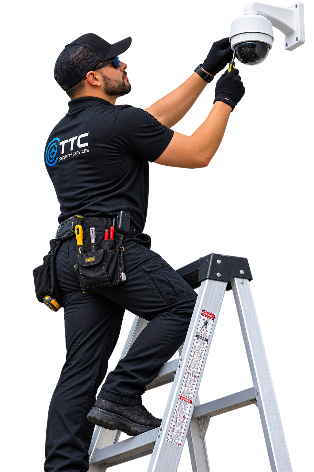 TTC Security Services technician installing a security camera while standing on a ladder.