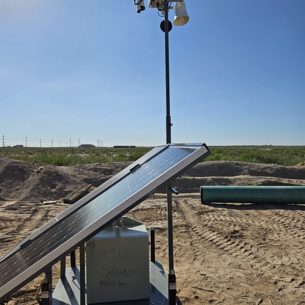 Solar-powered mobile security camera system monitoring a pipeline construction site in Texas